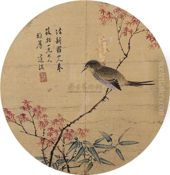 Bamboo And Sparrow Oil Painting by  Lian Xi