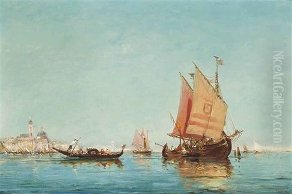 Vessels On The Venetian Lagoon, Santa Maria Della Salute And St Mark's Campanile Beyond Oil Painting by Giovanni Battista Della Libera