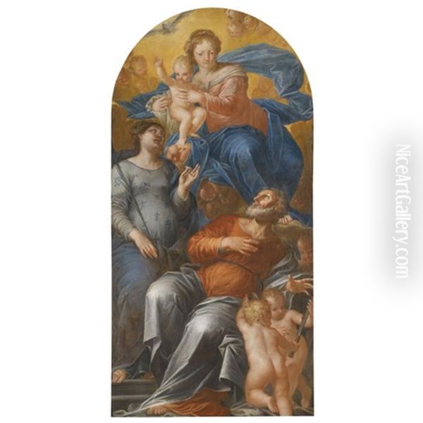 An Altarpiece With The Madonna And Child Enthroned Flanked By Saints Apollonia And Bartholomew Oil Painting by Pietro (Libertino) Liberi