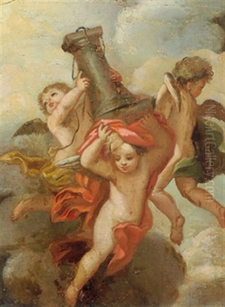 Drei Putten Tragen Eine Saule - Allegorie Der Starke Oil Painting by Pietro (Libertino) Liberi