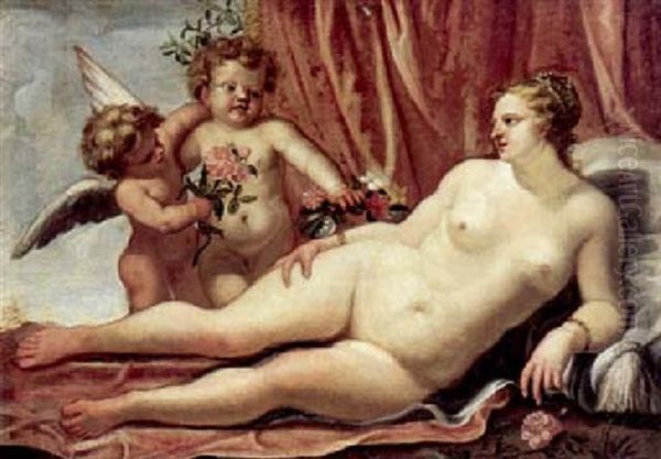 Venere Coricata E Due Amorini Con Fiori Oil Painting by Pietro (Libertino) Liberi