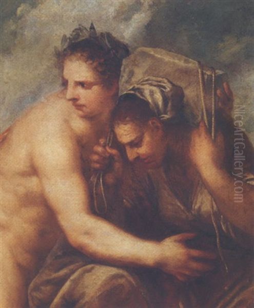 An Old Woman Carrying Stone On Her Shoulders Accompanied By A Young Man Wearing A Crown Of Laurel Leaves Oil Painting by Pietro (Libertino) Liberi