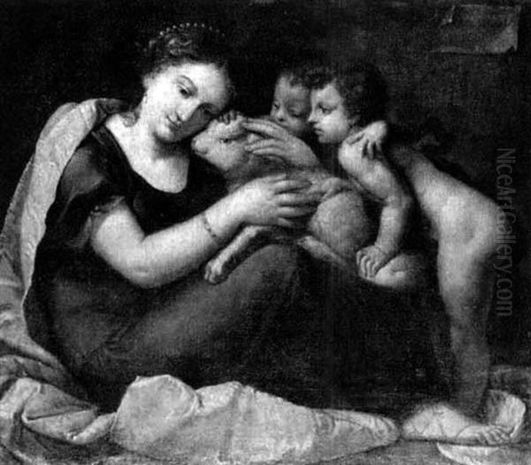 A Woman Seated And Holding A Lamb, With Two Children        Looning On Oil Painting by Pietro (Libertino) Liberi