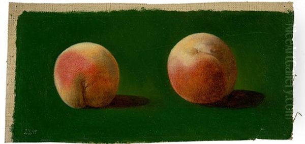 Two Peaches Against Green Background Oil Painting by Betzy Marie Petrea Libert