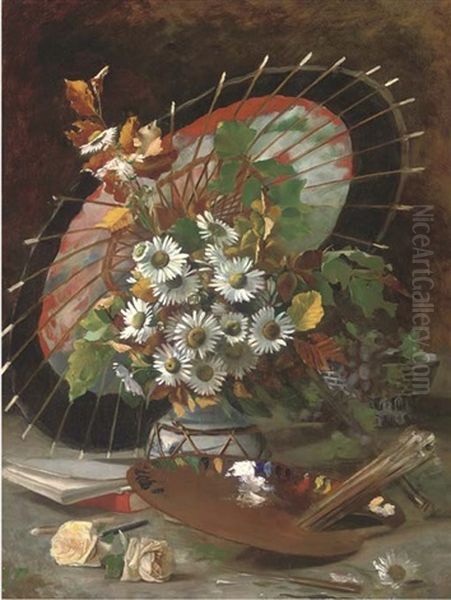 Daisies In A Vase With An Artist's Palette, A Japanese Parasol Beyond Oil Painting by Betzy Marie Petrea Libert