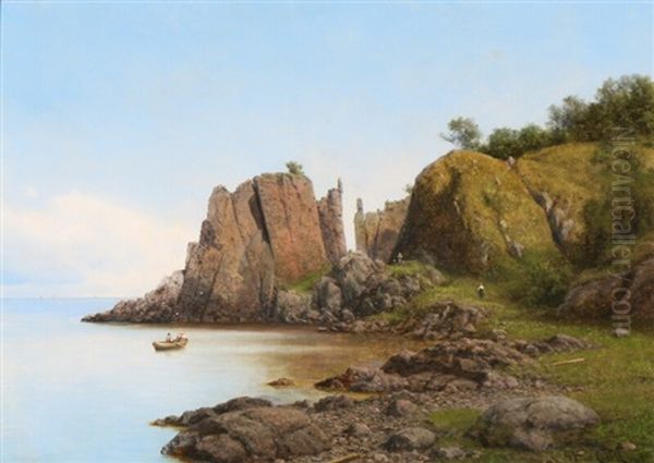 People In A Rowboat Near Helligdomsklipperne Off The Coast Of Bornholm Oil Painting by Georg Emil Libert