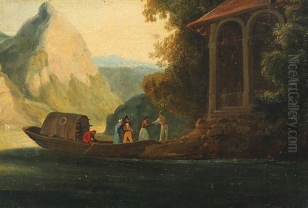 Southern Landscape With People Going Ashore At A Pergola Oil Painting by Georg Emil Libert