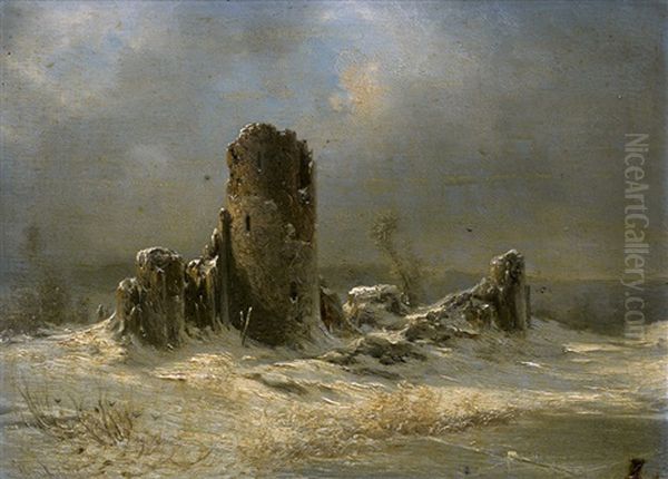 Ruine In Schneelandschaft Oil Painting by Georg Emil Libert