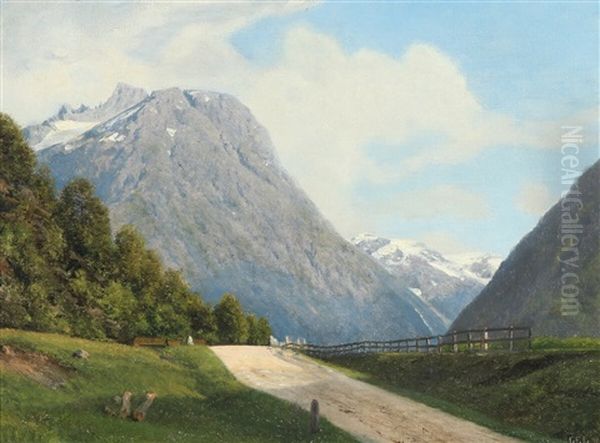 A Norwegian Landscape From Romsdalen Oil Painting by Georg Emil Libert