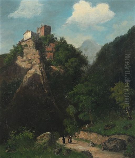 Landscape With Persons On A Path And A House On A Ledge Oil Painting by Georg Emil Libert