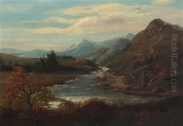 Landscape With River Through Mountains Oil Painting by Georg Emil Libert