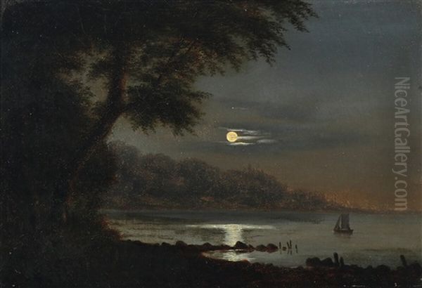 A Moonlit Costal Scene Oil Painting by Georg Emil Libert