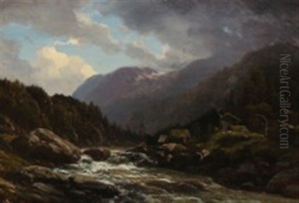 A Norwegian Mountainscape Overlooking A River Oil Painting by Georg Emil Libert