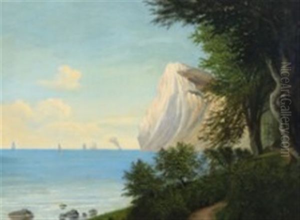 Danish Coastal Scene From Moens Klint With Ships On The Sea Oil Painting by Georg Emil Libert