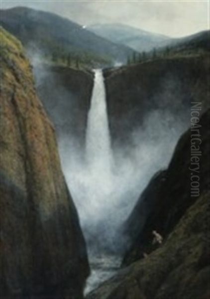 Scenery From A Waterfall With Figures In The Front, Probably Rjukan Fossen In Norway Oil Painting by Georg Emil Libert