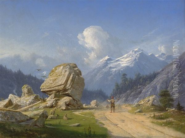 Hirtenknabe In Sommerlicher Alpenlandschaft Mit Felsstein Oil Painting by Georg Emil Libert