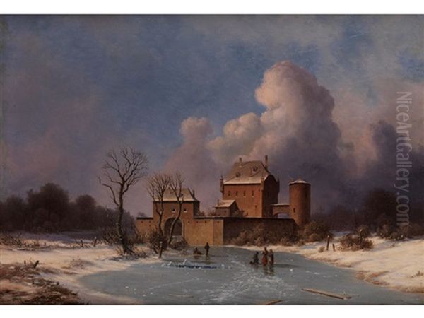 Winterlandschaft Mit Figuren Und Burg by Georg Emil Libert