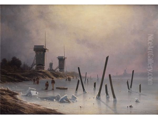 Winterliche Flusslandschaft Mit Muhlen Oil Painting by Georg Emil Libert