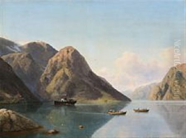 Rowing Boats In A Norwegian Fjord Oil Painting by Georg Emil Libert