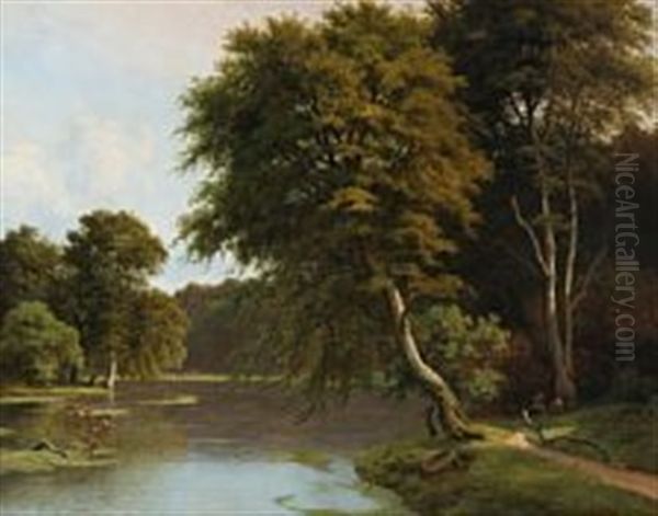 Summerday Near A Forest Lake Oil Painting by Georg Emil Libert