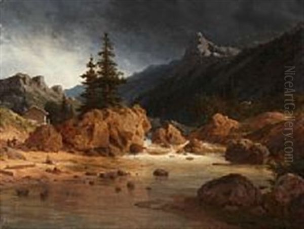 Vandfald I En Norsk Fjeldegn Oil Painting by Georg Emil Libert