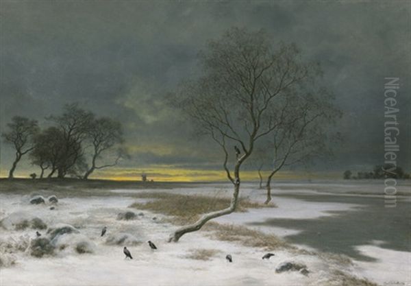 Winterlandschaft Mit Raben, Im Hintergrund Eine Windmuhle (stubmolle) Im Untergehenden Sonnenlicht Oil Painting by Georg Emil Libert