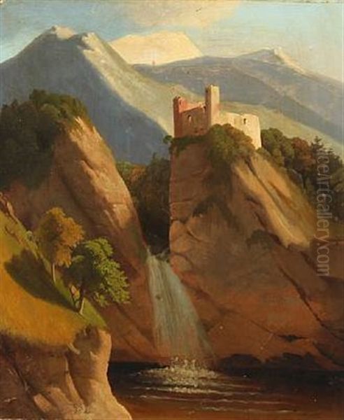 Mountainscape With A Castle Ruin Oil Painting by Georg Emil Libert