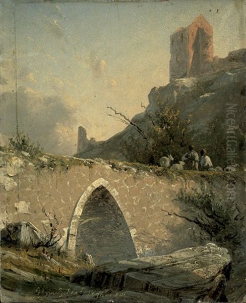 Schafhirten Auf Der Brucke Der Burgruine Hammerhus Auf Bornholm Oil Painting by Georg Emil Libert