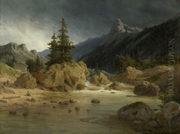 Nordische Gebirgslandschaft Mit Wasserfall Bei Aufziehendem Unwetter by Georg Emil Libert