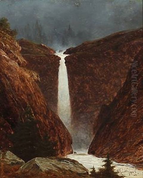 Waterfall, Presumably I Norway Or Sweden Oil Painting by Georg Emil Libert