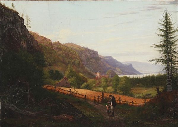 Landscape From The Southern Germany With A Child And A Man Standing On A Forest Trail In The Foreground Oil Painting by Georg Emil Libert