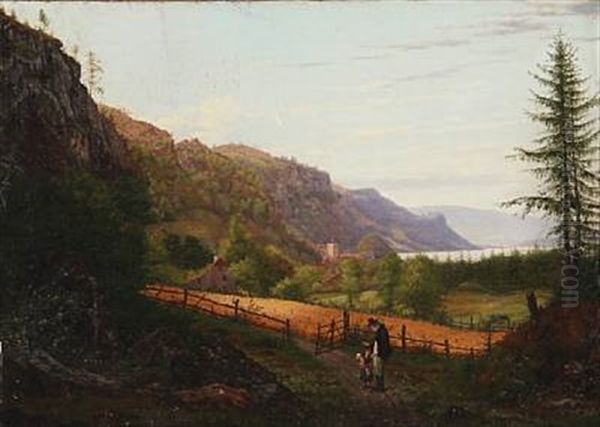 Landscape From Southern Germany With A Child And A Man Standing On A Forest Trail In The Foreground Oil Painting by Georg Emil Libert