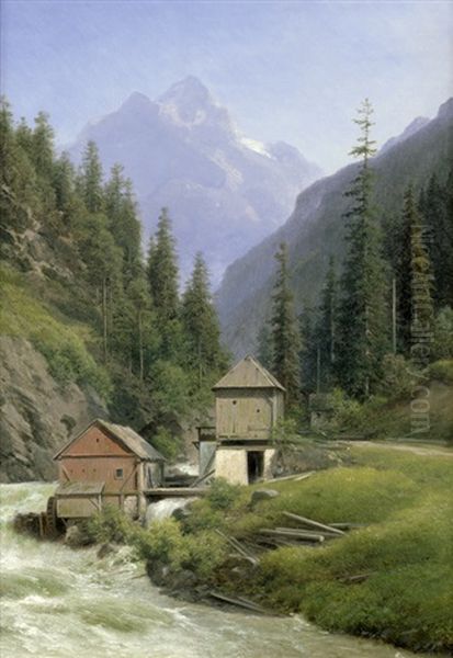 Sommerliche Berglandschaft In Tirol Mit Einer Wassermuhle Am Flus Oil Painting by Georg Emil Libert