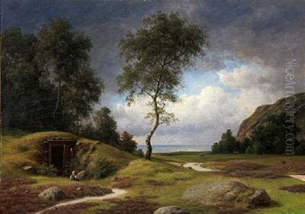 Landscape With A Boy Sitting In Font Of A Burial Mound by Georg Emil Libert