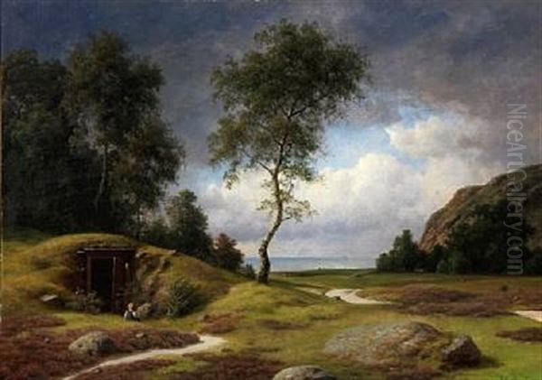 Landscape With A Boy Sitting In Font Of A Burial Mound Oil Painting by Georg Emil Libert