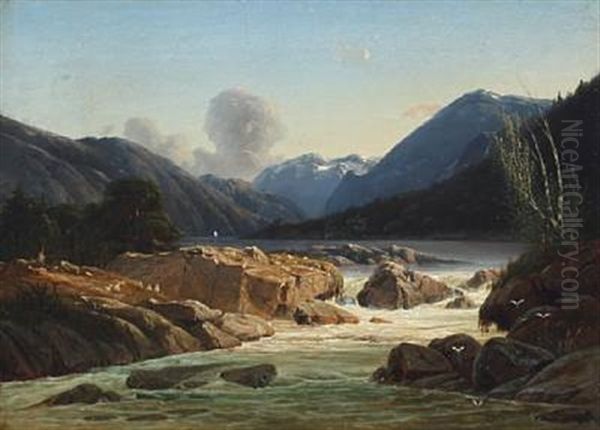 Mountain Scenery With A River, Shepherds And Sheep Oil Painting by Georg Emil Libert