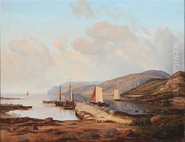 Coastal Scene From Norway With Fishermen And Mountains In The Background Oil Painting by Georg Emil Libert