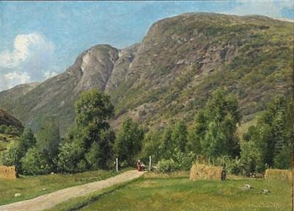 Summer Day In Norway With A Mother And Son Walking On A Path Oil Painting by Georg Emil Libert