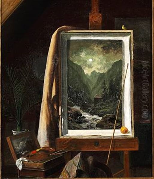 The Artist's Studio, On The Easel One Of His Paintings With A Motif From Norway Oil Painting by Georg Emil Libert