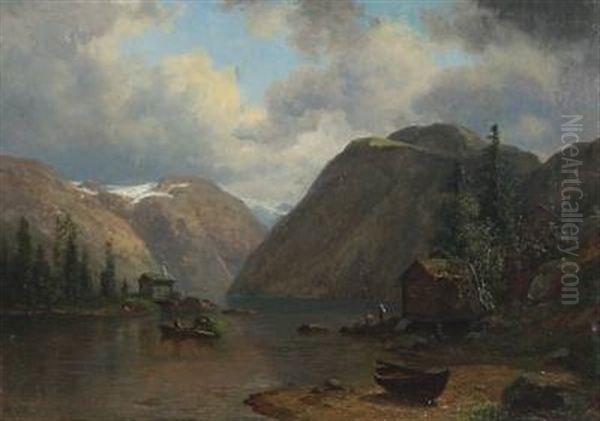 A View From Hardanger Fiord With Fishing Huts, Boats And People by Georg Emil Libert