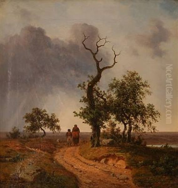 Autumn Lanscape With A Son And Mother Walking On A Road Oil Painting by Georg Emil Libert