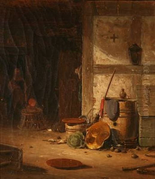 Country Kitchen With A Little Child In A Walking Chair Oil Painting by Georg Emil Libert