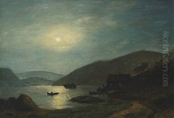 A Coastal Scene With Ship And Rowing Boat In Moon Light Oil Painting by Georg Emil Libert