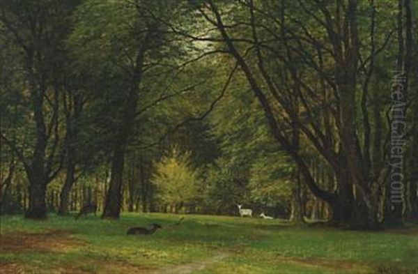 Scene In Dyrehaven (deer Park) Oil Painting by Georg Emil Libert