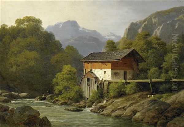 Wassermuhle In Den Alpen Oil Painting by Georg Emil Libert