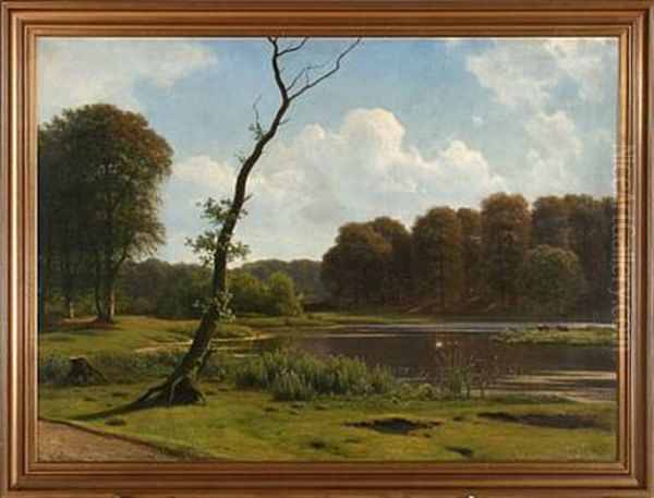 Quiet Summer Day With Grazing Cows Near A Stream Oil Painting by Georg Emil Libert