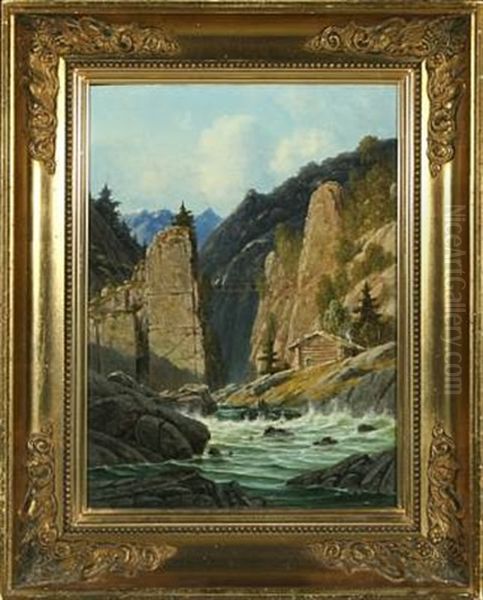 Mountain Landscape With Footbridge Over A River Oil Painting by Georg Emil Libert