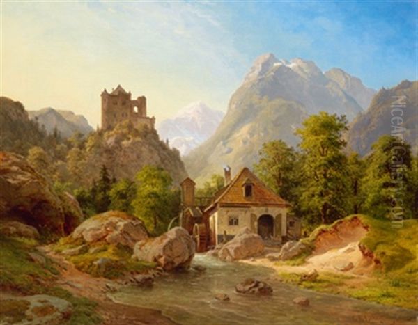 Gebirgslandschaft Mit Burg Und Wassermuhle Oil Painting by Georg Emil Libert