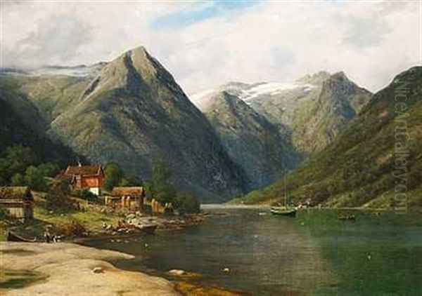 En Bygd Ved En Norsk Fjord Oil Painting by Georg Emil Libert