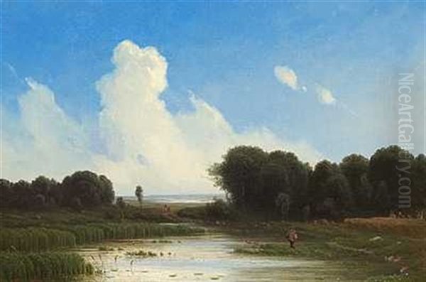 Jaegere Ved En So Oil Painting by Georg Emil Libert